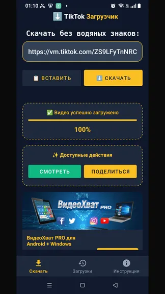 Главный экран загрузчика TikTok Video DownLoader — вставка ссылки на видео